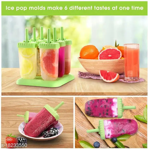 KARP Set Of 6 Plastic Popsicle Mold BPA Free Easy Release Ice Pop Maker Ice Cream Tray Holder Kulfi Candy Ice Lolly Mold for Children & Adults - Green Color