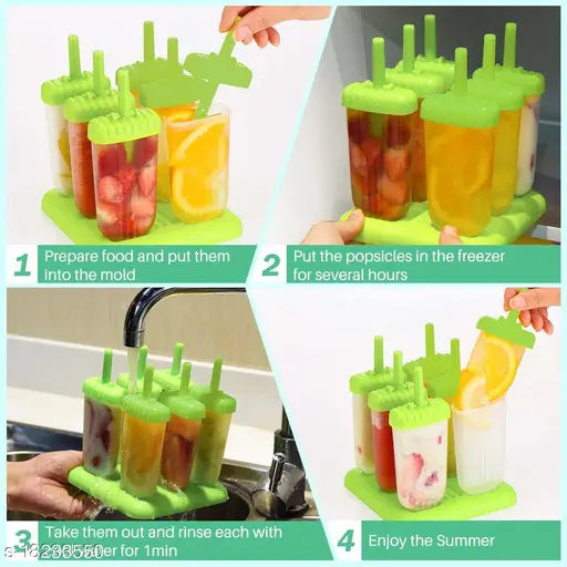 KARP Set Of 6 Plastic Popsicle Mold BPA Free Easy Release Ice Pop Maker Ice Cream Tray Holder Kulfi Candy Ice Lolly Mold for Children & Adults - Green Color
