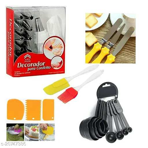 12 Piece Cake Decorating Nozzle Set and and Silicone Basting Brush & Spatula and Set 3 Pcs Set Plastic Dough Bench Scraper and 3-in-1 Multi-Function Spatula Knife Set and 8 pcs Measuring Cup