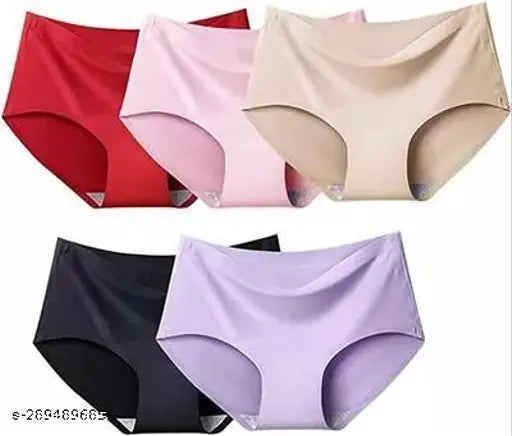 (Pack of 5) Women Cotton Silk Seamless Panty Combo Set Girls and Women Innerwear Briefs Hipster Medium Waist Panties (Multicolor)