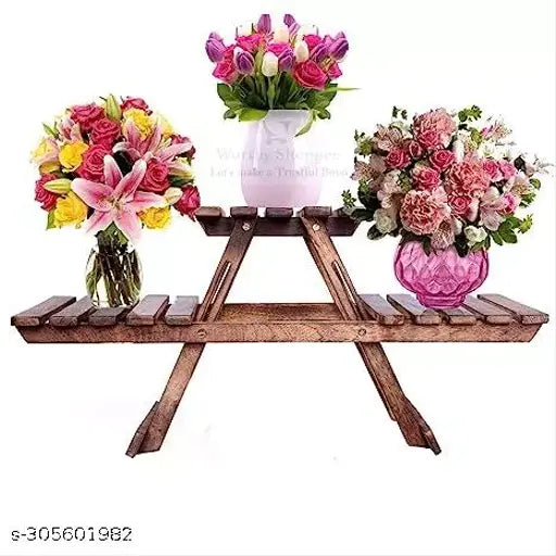 (AMAR WOODY Planter Stand, Vintage Wooden Multipurpose Folding Rack Plant Stand with 3 Decks/Living Room Side Stand/Wooden Stool/Flower Pot Stand (Brown)